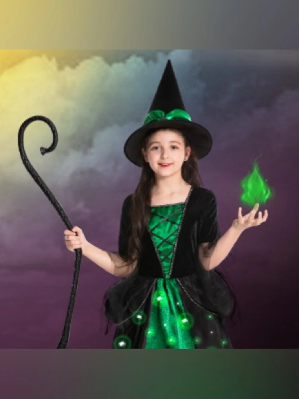 Poshetion Girls Witch Costumes, Light Up Halloween Witch Dress with Witch Broom